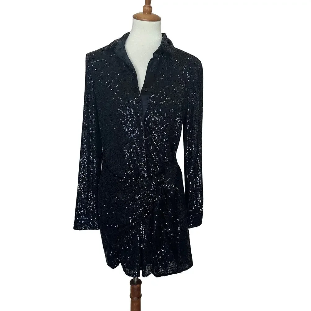 Parker Black Sequins Mini Dress SMALL Cocktail Party Shirt Designer Ruched $348 - Picture 6 of 10